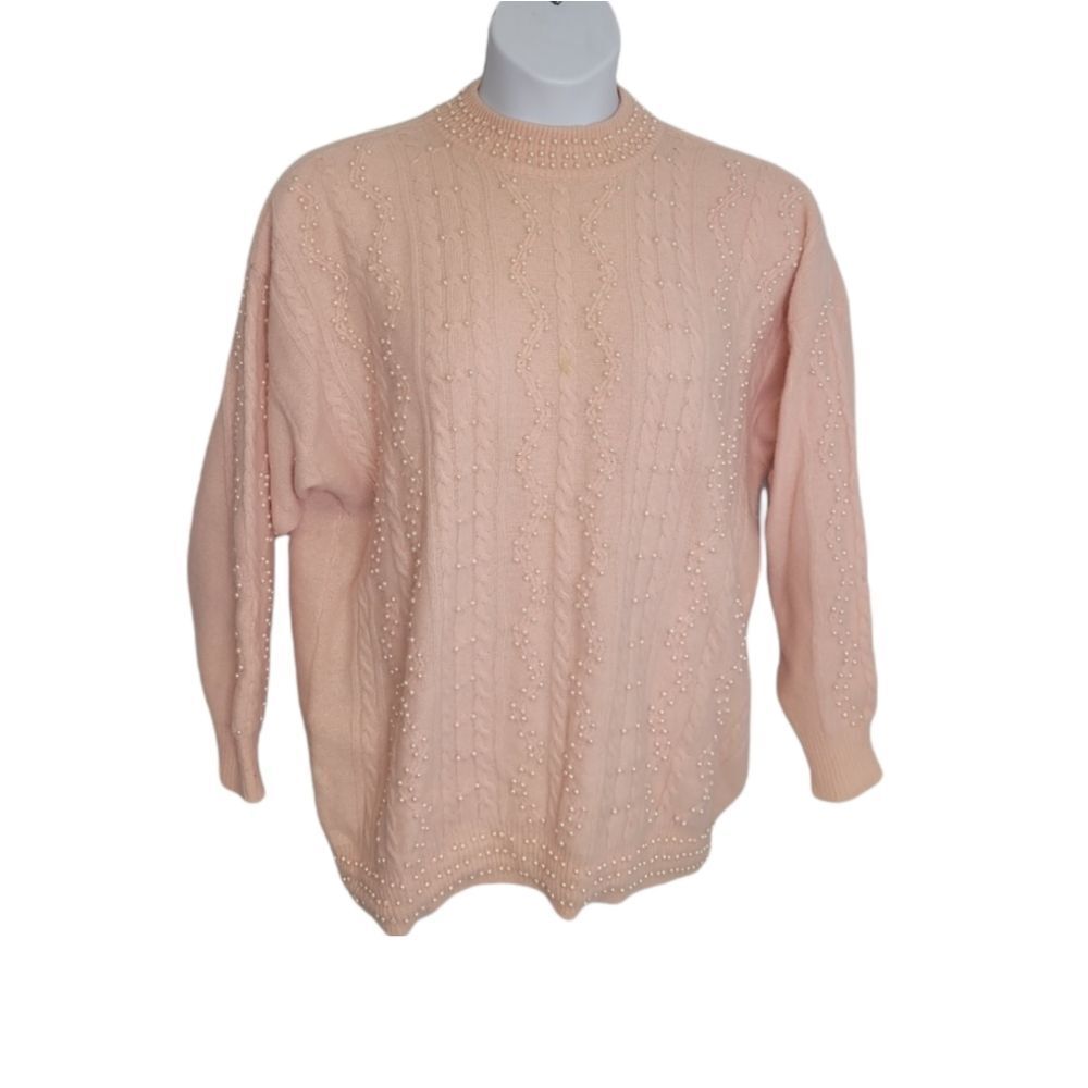VINTAGE 90s sweater pink mock neck pearl beaded cable knit angora XL